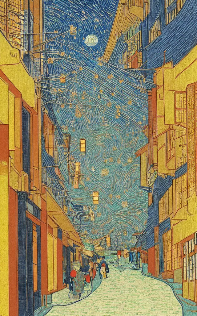 Image similar to rainy streets of kyoto, fibonacci sequence. japanese embroidery. retro minimalist art by jean giraud and van gogh.