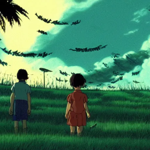 Image similar to Film still from Graveyard of the Fireflies (1988), evening, Studio Ghibli, Artstation