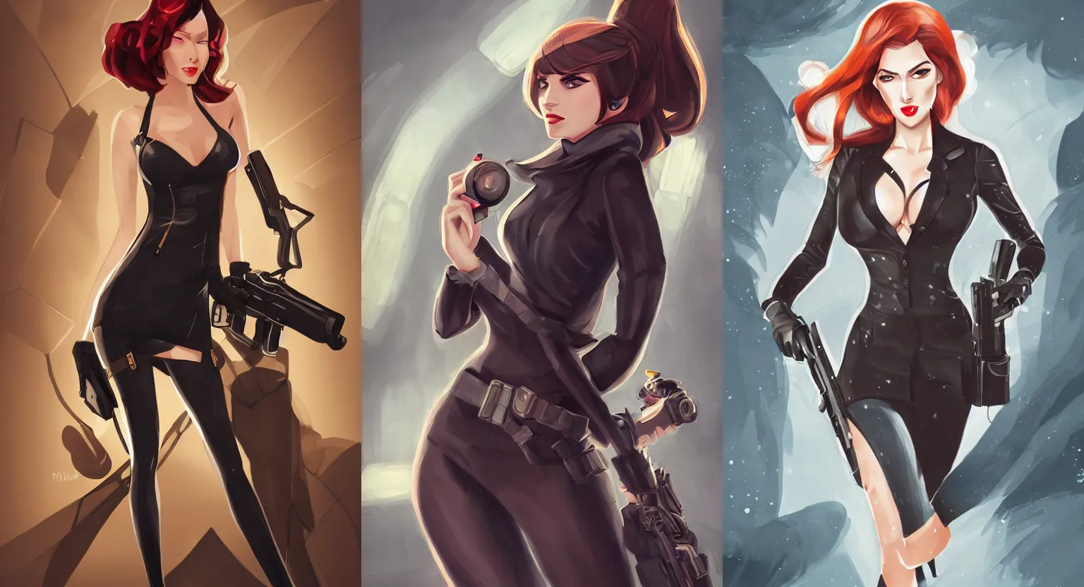 Prompt: female spy, artwork by RossDraws