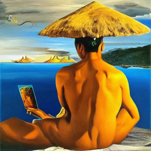 Prompt: Salvador Dalí on vacation on Bali, trending on artstation, oil on canvas