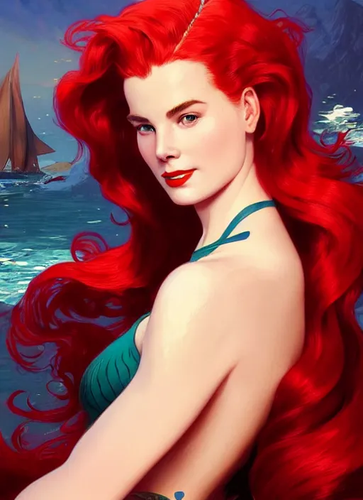 Prompt: Grace Kelly with vibrant red hair as the mermaid Ariel, western, D&D, fantasy, intricate, elegant, highly detailed, digital painting, artstation, concept art, matte, sharp focus, illustration, art by Artgerm and Greg Rutkowski and Alphonse Mucha, masterpiece, stunning, artstation