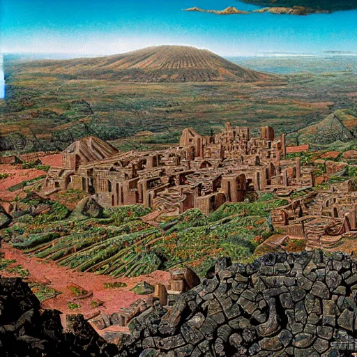 Prompt: an oblique aerial view of a fantasy city inside a volcanic caldera. the buildings are made of basalt and granite blocks. the caldera is surrounded by shrubland. painting by ted nasmith, earl norem, bob larkin.