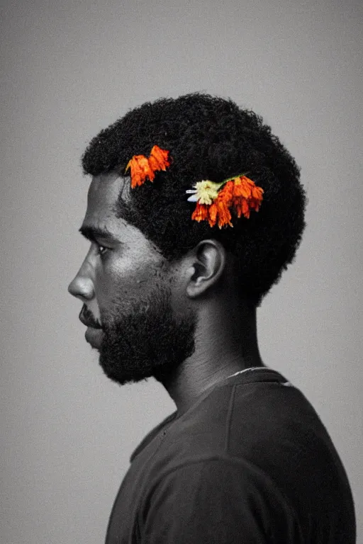 Image similar to a black young man's face in profile, no beard, made of flowers and fruit, in the style of the Dutch masters and Alec Soth, dark and moody