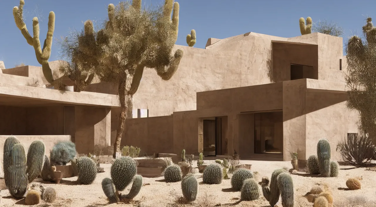 Image similar to desert house made from rammed earth and weathered steel, courtyard with cactus and palo verde trees, photorealistic, detailed, cinematic lighting