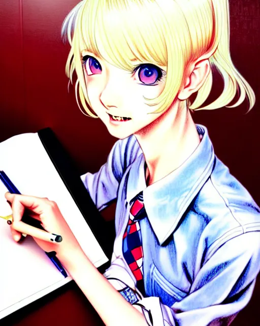 Image similar to depicting a young mischievous female prep school student with medium length bright blonde hair and pale skin, in an old study room, complex artistic color ink pen sketch illustration, subtle detailing, artwork by Artgerm and Range Murata.