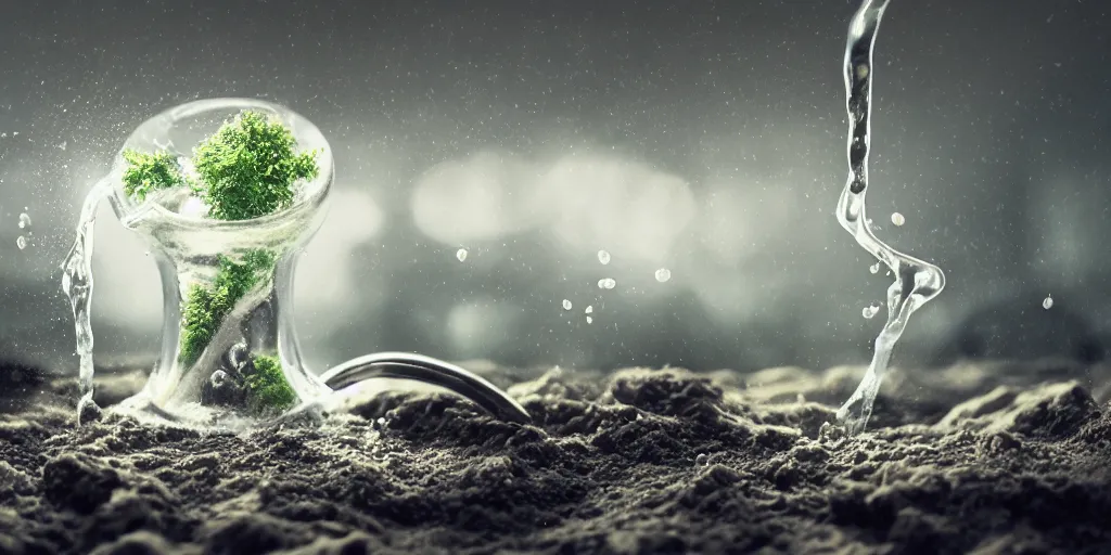 Prompt: terrarium photograph, a pipe flowing with milky liquid, central composition, fluid, ultra clear material, volumetric light, lightrays, cinematic, atmospheric, 3 d concept art, octane render, beautiful, cinematic lighting, intricate details.