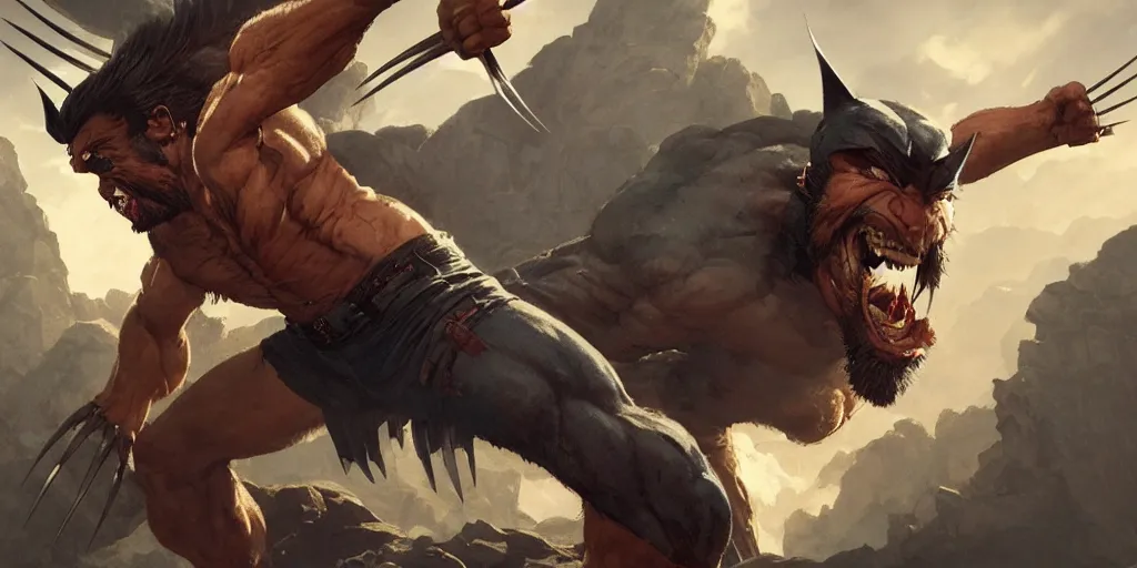 Prompt: Wolverine is laughing at you, Greg Rutkowski, Frank Frazetta, trending on Artstation, 8K, ultra wide angle, establishing shot, pincushion lens effect, zenith view