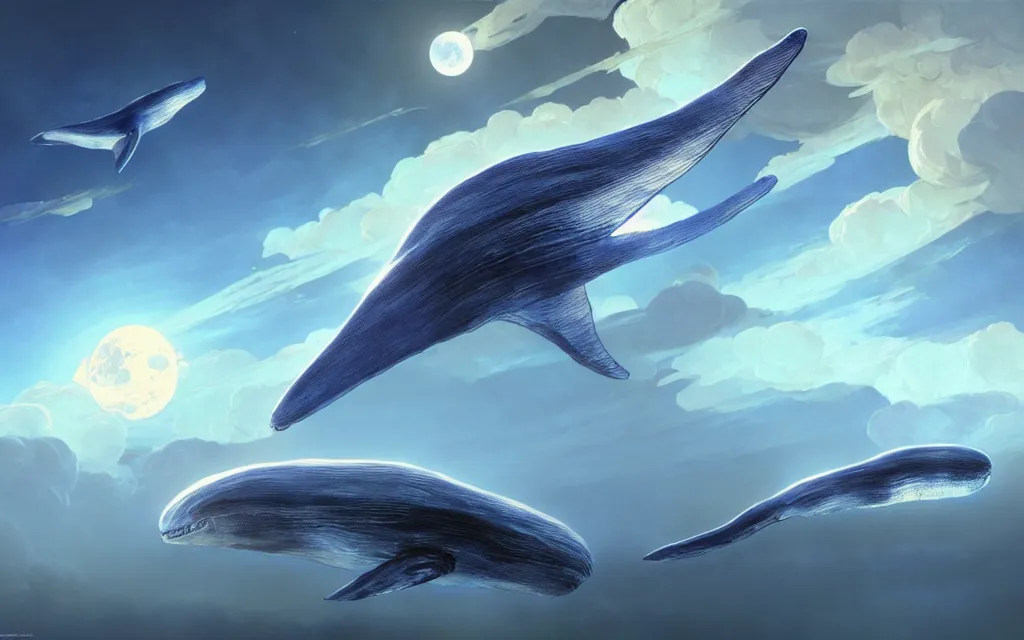 Prompt: realistic render of flying blue whales towards the moon, intricate, toy, sci - fi, extremely detailed, digital painting, sculpted in zbrush, artstation, concept art, smooth, sharp focus, illustration, chiaroscuro lighting, golden ratio, incredible art by artgerm and greg rutkowski and alphonse mucha and simon stalenhag