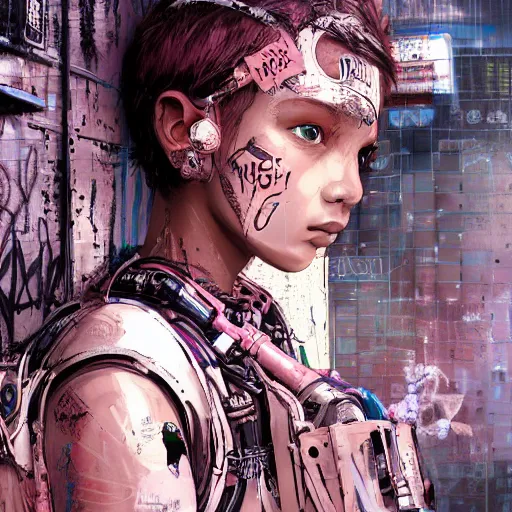 Image similar to highly detailed portrait of a post-cyberpunk south african young lady by Akihiko Yoshida, Greg Tocchini, 4k resolution, mad max inspired, pastel pink, light blue, brown, white and black color scheme with south african symbols and graffiti