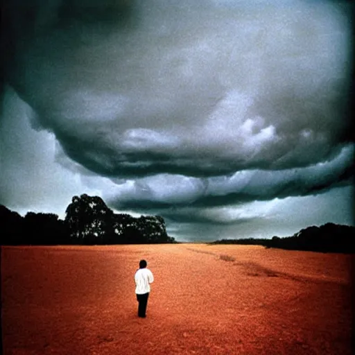 Prompt: person talking to a stormy cloud by Trent Parke, clean, detailed, Magnum photos