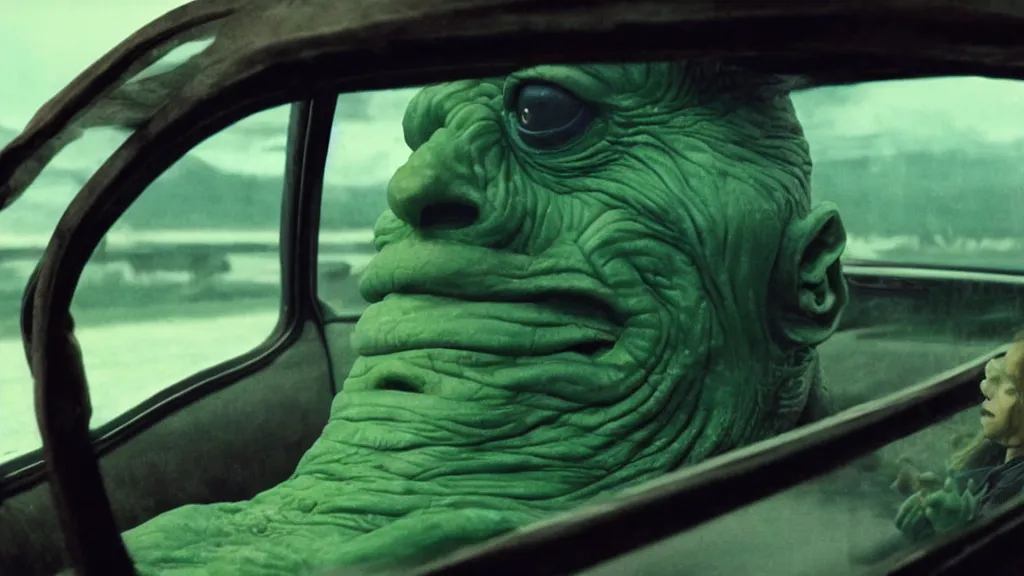 Image similar to the creature sits in a car, made of wax and metal, they look me in the eye, film still from the movie directed by Denis Villeneuve and David Cronenberg with art direction by Salvador Dalí, wide lens