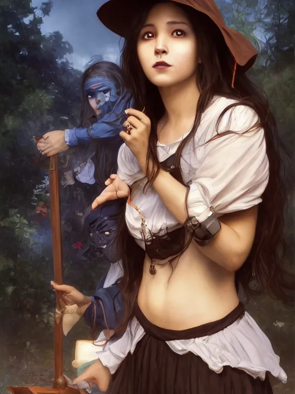 Image similar to Full shot of a mischievous young witch about to get up to some trouble. Latin American fashion. Black and Orange palette. Latina girl. brown skin. defined facial features, symmetrical facial features. By Ruan Jia and Artgerm and Range Murata and WLOP and Ross Tran and William-Adolphe Bouguereau. Key Art. Fantasy Illustration. award winning, Artstation, intricate details, realistic, Hyperdetailed, 8k resolution.