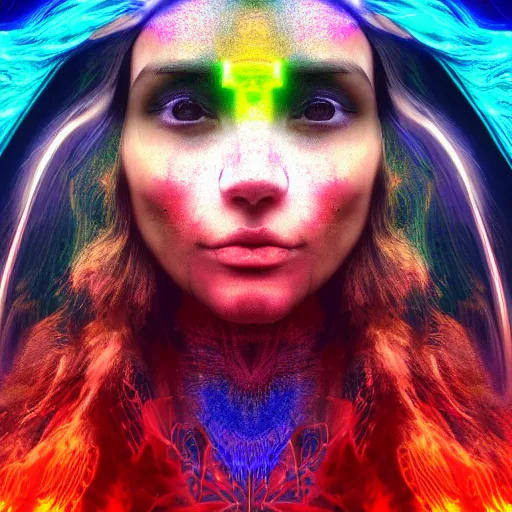 Prompt: psychedelic fantasy, caucasian, native american, european, asian, australian, brown hair with red and blue highlights, in a cinematic wallpaper, glitch effects, dissolve effects, noise, halo / nimbus, devils horns, angel wings, raven wings, hdr 8 k dop dof