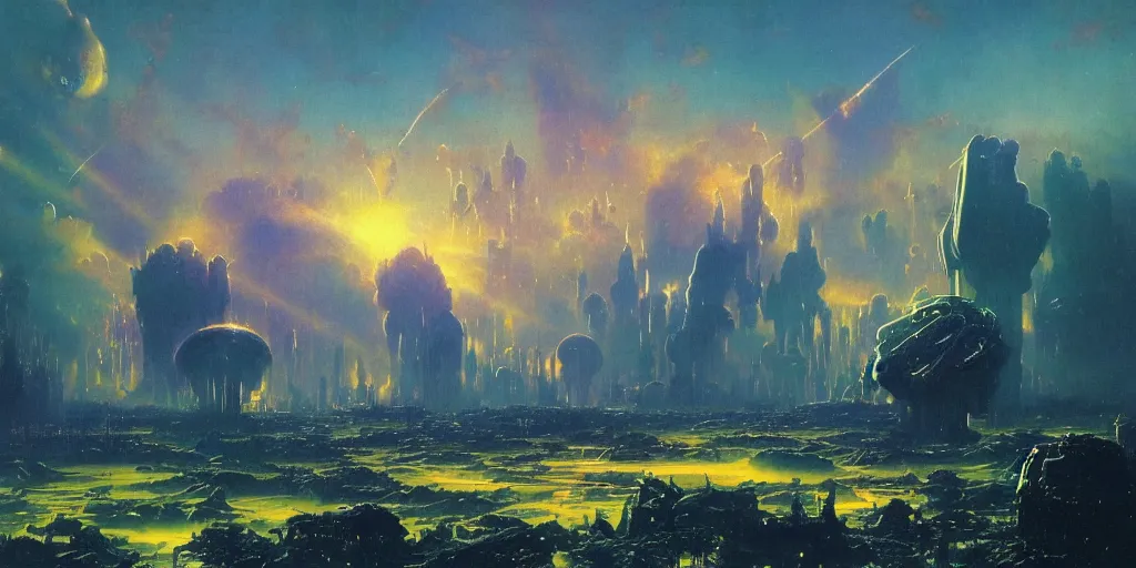 Prompt: landscape of an alien world, futuristic towers, giant robots on guard. rays of light shine through the mist. by bruce pennington, by peter elson. vibrant colors