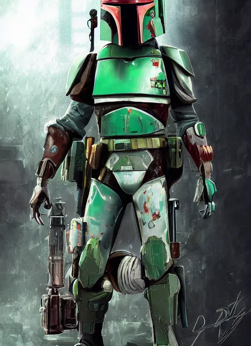 Image similar to cyberpunk x boba fett, digital art, character mashup, epic lighting, combination art