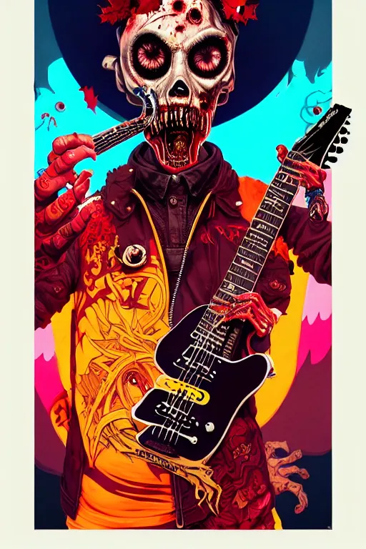 Image similar to zombie punk rocker playing guitar, tristan eaton, victo ngai, artgerm, rhads, ross draws, intricated details, 3 / 4 view, full body portrait, extremely luminous bright design, horror, pastel colours, toxic drips, autumn lights