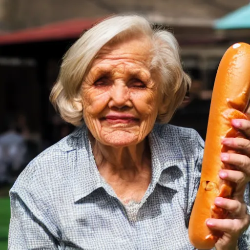 Prompt: old woman and her priceless hot dog, promotional photo from the antiques roadshow, uhd, 8k,