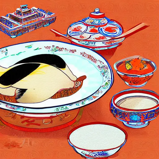 Image similar to food of roast beijing duck, digital art, style of traditional chinese painting