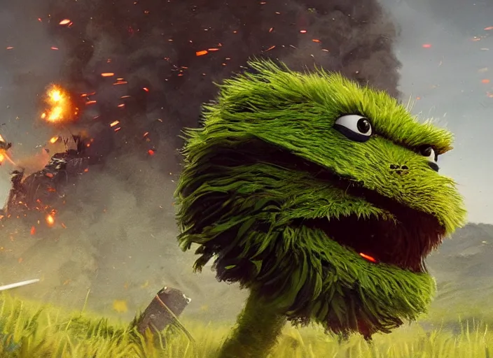 Image similar to close up cinematic artwork of Oscar the grouch staring down the enemy on the battlefield by Greg Rutkowski, 4k, masterpiece