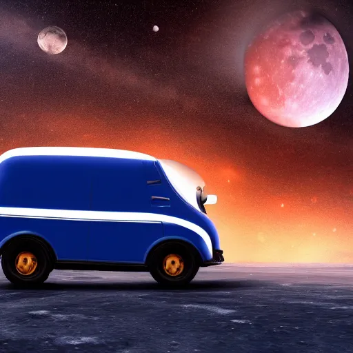 Image similar to a dark blue mototaxi traveling on the surface of the moon, moon craters, night sky, milky way, hard lighting, matte painting, concept art, 4k