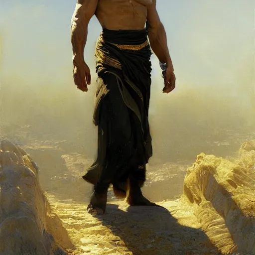 Image similar to detailed realistic cinematic wide shot of beautiful attractive muscular george bush wearing black gold robe slim face symettrical face clean skin black eyes black robe smooth, sharp focus, ultra realistic, spring light, painting by gaston bussiere, craig mullins, j. c. leyendecker