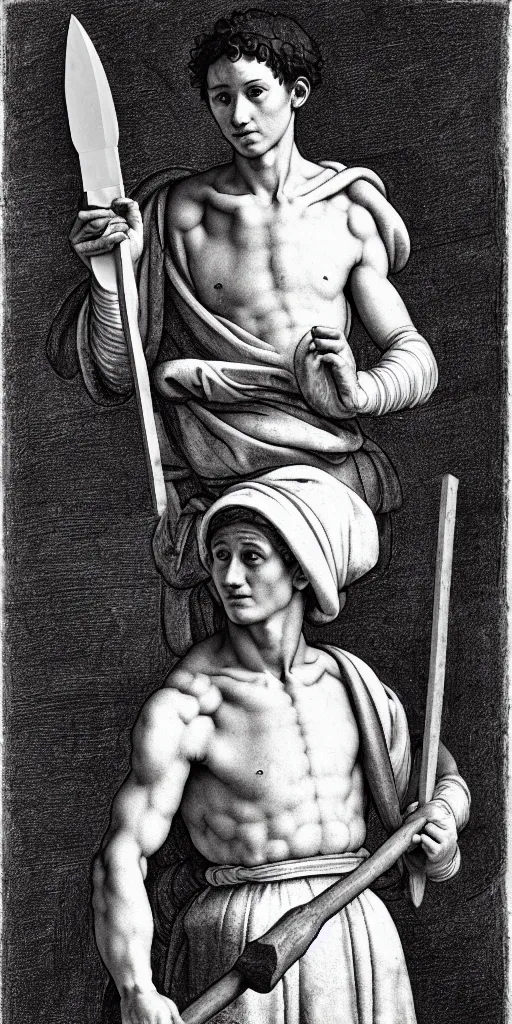 Image similar to a twenty - something michelangelo wearing peasant clothing of the renaissance holds a chisel in one hand and a mallet in the other, in the background a rectangular prism of white marble with gray streaks, photorealistic, hyperdetailed, studio lighting, octane render, caustics