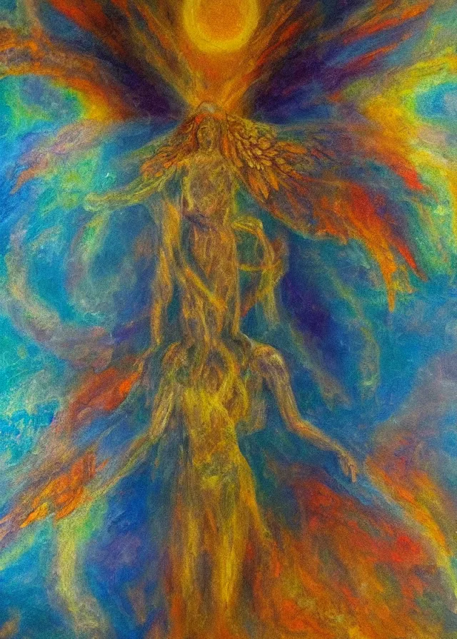 Image similar to last seraphim of the golden mythos beloved (expressionist) (dreamy) gnostic fog, award winning oil painting, chromatic aberration