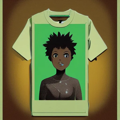 Image similar to portrait of black woman wearing a green t shirt studio ghibli, deviantart, medium shot, symmetrical, intricate, elegant, matte painting, illustration, newspaper