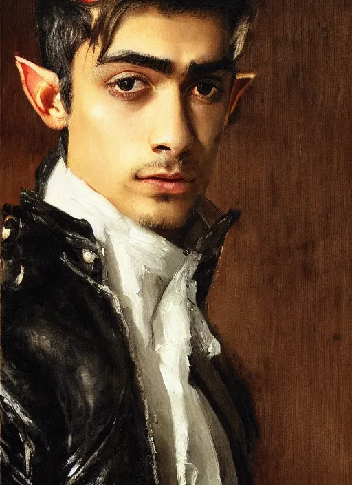 Image similar to head and shoulders portrait painting of young man who looks like zayn malik as an elf by jeremy mann, wearing leather napoleonic military style jacket, only one head single portrait, pointy ears