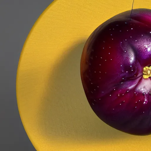 Prompt: upclose, intricate hyper detailed ultra sharp plum on a table, plum shaped as face of jeff goldblum, material is!!! plum!!!, sentient fruit, sharp focus, global illumination, radiant light, alexandre ferra, irakli nadar, octane render, unreal engine, 4 k, ultra hd,