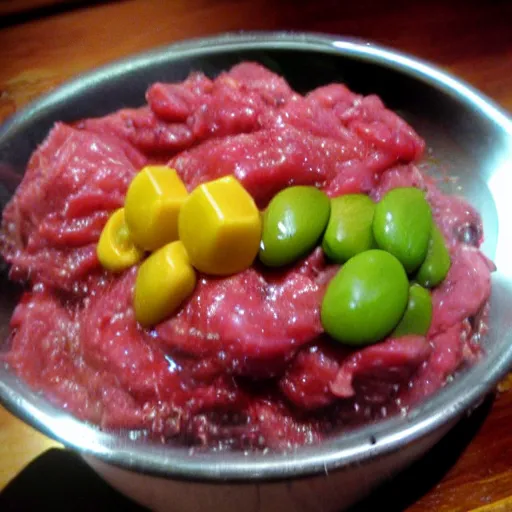 Image similar to raw meat chunks raw beans, mold, android cell phone photo,