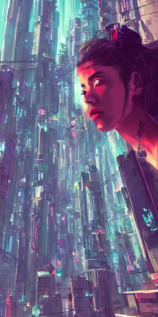 Image similar to cyberpunk girl on a roof, looking up at cityscape of vertical cyberpunk city with high towers, shanghai, by Alena Aenami and blade runner and akira, trending on Artstation,