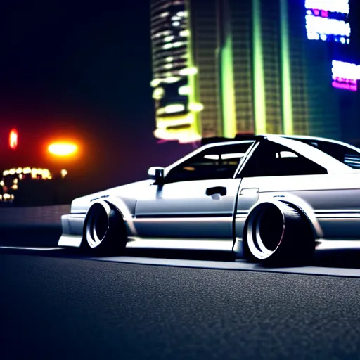 Image similar to a car JZX100 twin turbo drift at illegal car meet, Shibuya prefecture city midnight mist lights cinematic lighting photorealistic highly detailed wheels, high detail