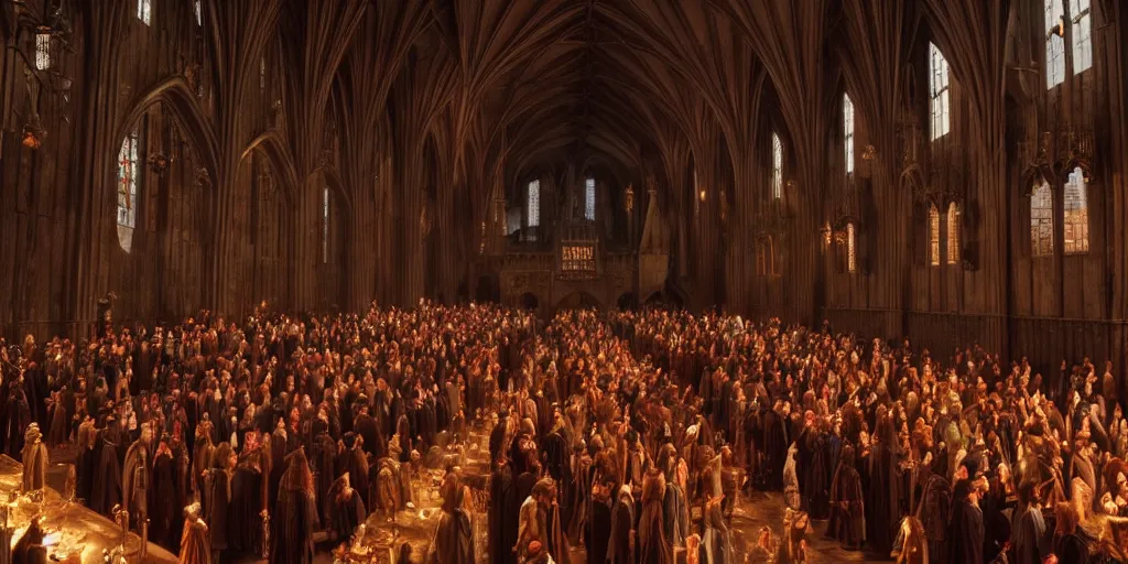 Prompt: film still. screenshot. hogwarts castle. the great hall. busy. during golden hour. cinematic lighting. directed by christopher nolan and denis villeneuve. extremely detailed. 4 k.
