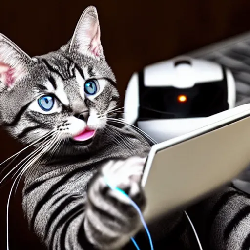 Prompt: robotic cat holding a computer mouse in his mouth