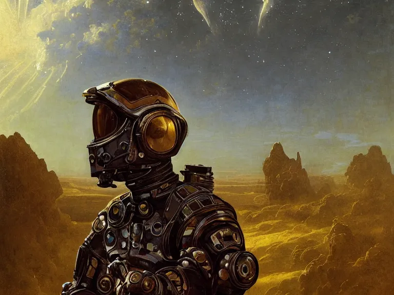 Prompt: a detailed profile oil painting of an advanced soldier in a spacesuit with reflective helmet, advanced technology flight suit, portrait symmetrical and science fiction theme with aurora lighting clouds and stars by beksinski carl spitzweg and tuomas korpi. baroque elements, full-length view. baroque element. intricate artwork by caravaggio. Trending on artstation. 8k