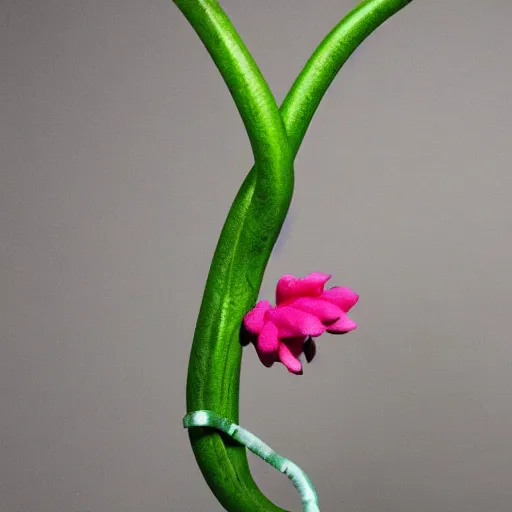 Image similar to studio photograph of a thin green vine creature with vine limbs and a pink blooming flower mouth with many sharp teeth