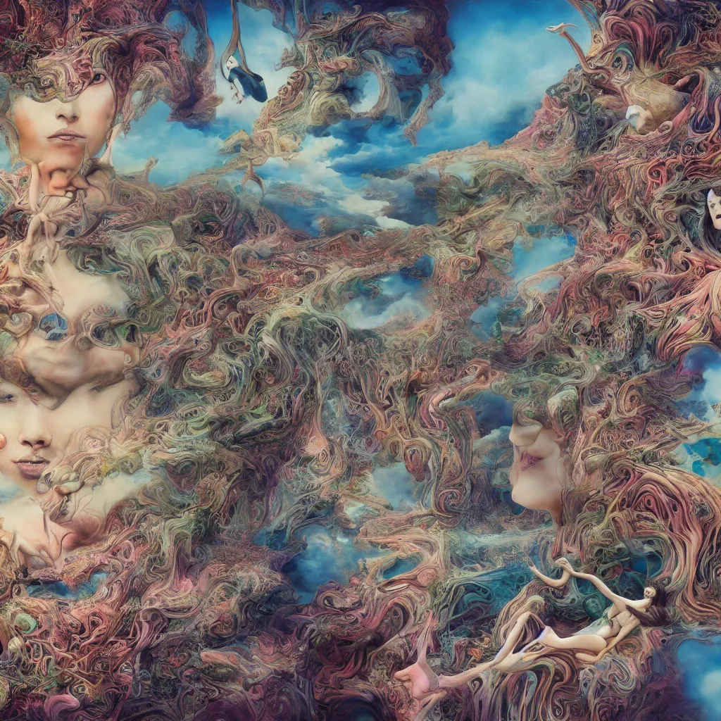 Image similar to ultrawide angle colour masterpiece surreal closeup portrait photography of gods playing on stage by miho hirano and annie leibovitz and michael cheval, weird surreal epic psychedelic complex biomorphic 3 d fractal landscape in background by kilian eng and roger dean and salvador dali and beksinski, 8 k