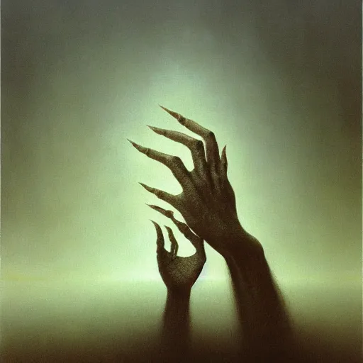 Image similar to arm reaching out of thick fog, zdzislaw beksinski