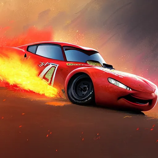 Image similar to lightning mcqueen crash in heavily by greg rutkowski