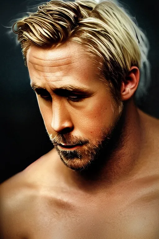 Image similar to painted portrait of ryan gosling as rugged zeus god of thunder greek god white hair masculine handsome upper body red and gold broad shoulders