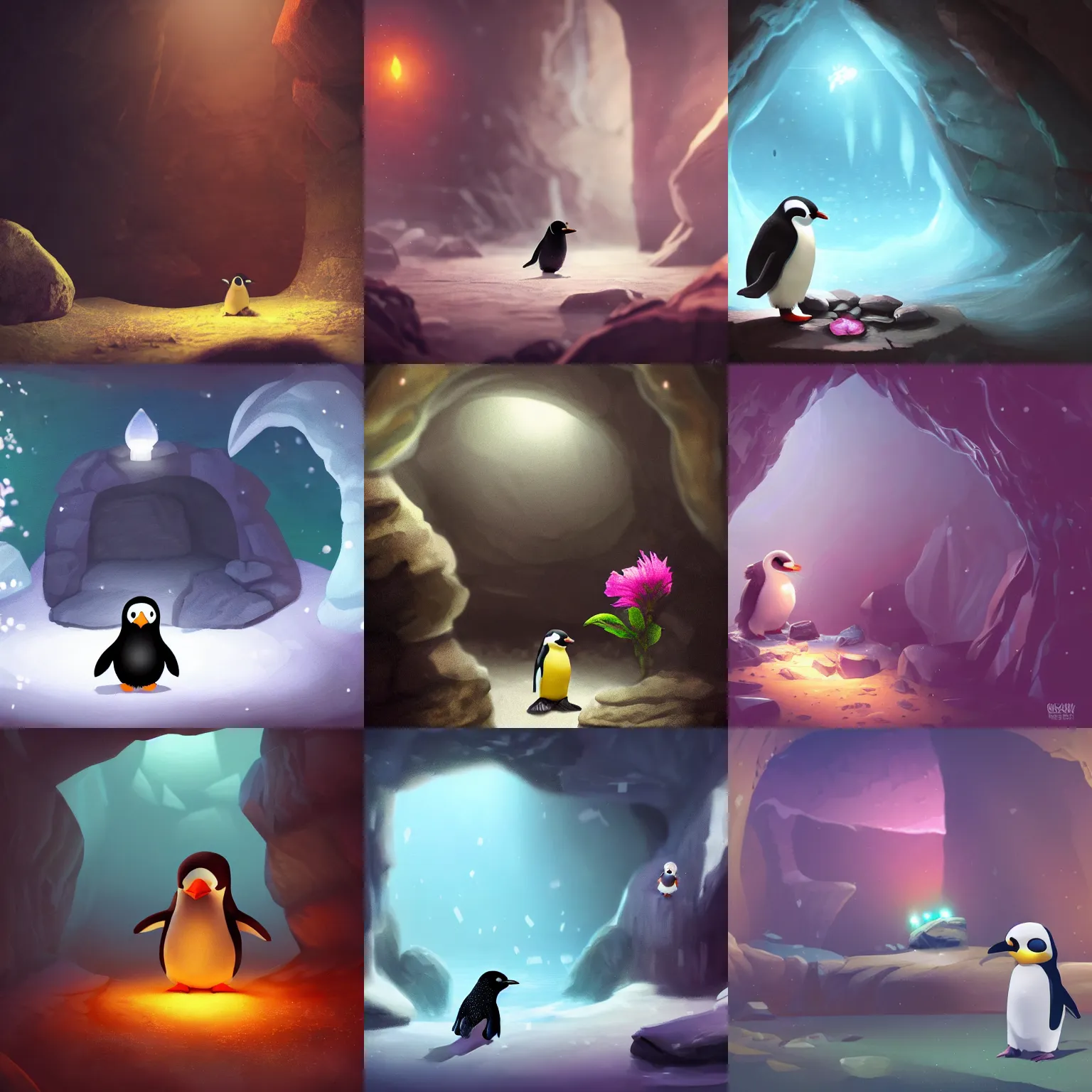 Prompt: lonely penguin playing in a cave, abandoned by its friends, looking at a magical flower, cinematic lighting, dramatic atmosphere, sad, melancholic, 8k painting, trending artstation