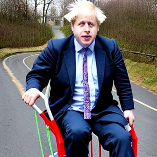 Prompt: Boris Johnson sitting inside a shopping-cart sliding down a very steep hill, anatomically correct, directed open gaze, symmetrical face