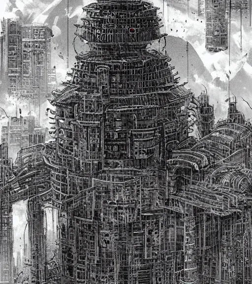 Image similar to tarkovsky, majestic ancient tower of babylon of terror, a woman in cyber clothing, hyperrealistic, blame manga, full color, manga style, by tsutomu nihei, cyber architecture, intricate, illustration, concept art, hyper - detailed, smooth, masterpiece, epic, cinematic, high quality