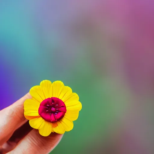 Image similar to closeup photo of rainbow - colored flower with 7 petals, held by hand, shallow depth of field, cinematic, 8 0 mm, f 1. 8