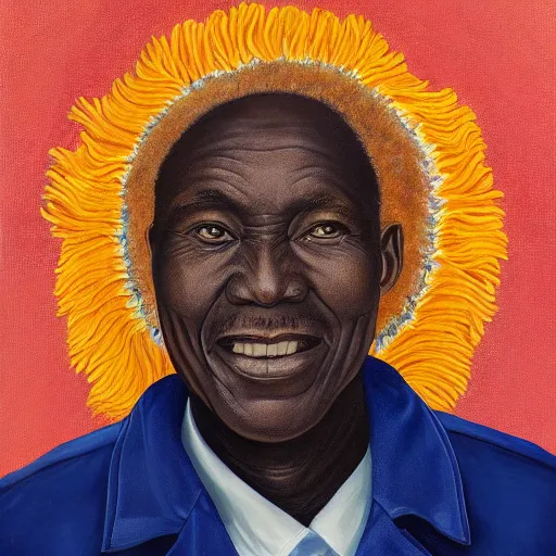 Image similar to a painting of a round face, XXL , smiley, Loving, caring, generous, ever-present, humble, wise elder from Kenya in a suit by Kehinde Wiley . Fatherly/daddy, focused, loving, leader, relaxed,. ethereal lights, details, smooth, sharp focus, illustration, realistic, cinematic, artstation, award winning, rgb , unreal engine, octane render, cinematic light, macro, depth of field, blur, red light and clouds from the back, highly detailed epic cinematic concept art CG render made in Maya, Blender and Photoshop, octane render, excellent composition, dynamic dramatic cinematic lighting, aesthetic, very inspirational, arthouse.