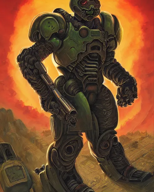 Prompt: doom guy, cover art, by yakub rebelka