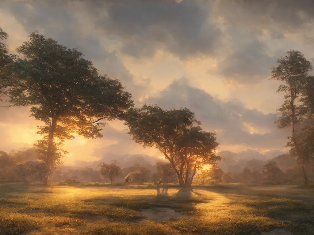 Image similar to a oil painting of a serene landscape with a singular wooden house at sunrise, concept art, octane render, unreal engine 5, trending on deviantart, highly detailed, high quality, oil painting, digital painting, masterpiece, hyperrealistic, breathtaking landscape, soft lighting, godrays, complementary colors, natural lighting