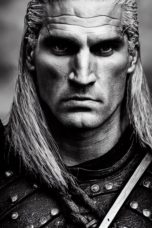 Prompt: upper body portrait of geralt of rivia, 5 5 mm lens, professional photograph, serious, stern look