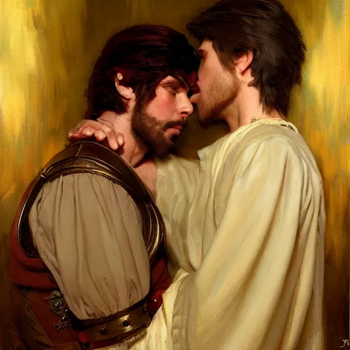 Image similar to attractive fully clothed king confesses his love for his attractive fully clothed male prince. highly detailed painting by gaston bussiere, craig mullins, daniel f. gerhartz, j. c. leyendecker 8 k